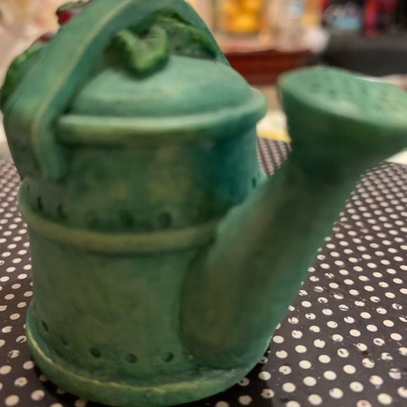 Candle Snuffer w Brass Interior Green Watering Can Topped with Flowers 2 1/2 “ - Picture 9 of 10